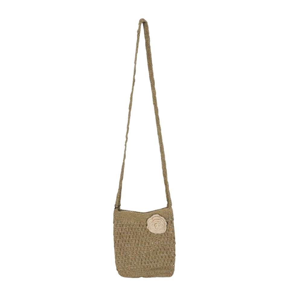 MAA Jute Crochet Crossbody Bag Tan Metallic Flower Boho Cottagecore Artisan